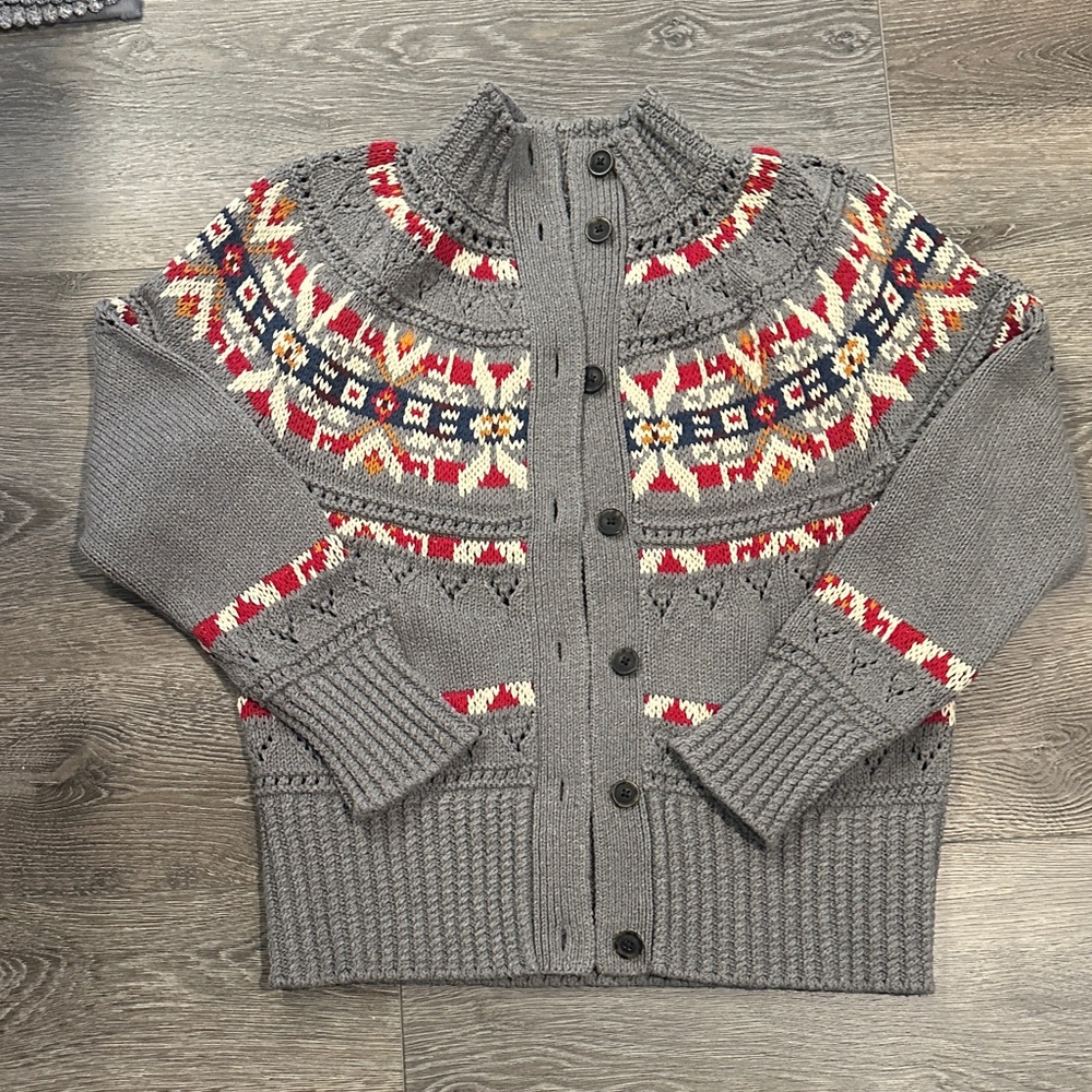 L.L. Bean Gray Fair Isle Knit Cardigan with Red & Navy Accents